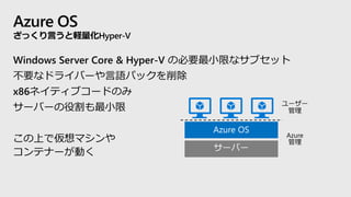 Azure OS
ざっくり言うと軽量化Hyper-V
Windows Server Core & Hyper-V の必要最小限なサブセット
不要なドライバーや言語パックを削除
x86ネイティブコードのみ
サーバーの役割も最小限
この上で仮想マシンや
コンテナーが動く
 