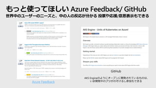 もっと使ってほしい Azure Feedback/ GitHub
世界中のユーザーのニーズと、中の人の反応が分かる 投票や応援/意思表示もできる
Azure Feedback
GitHub
AKS Engineのようにオープンに開発されているものは、
いま開発中のブツがのぞけるし参加もできる
 