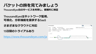 パケットの旅を見てみましょう
ThousandEyes社のサービスを利用し、客観的に検証
ThousandEyesはネットワーク監視、
可視化、分析機能を提供するSaaS
さまざまなクラウドに対応
15日間のトライアルあり
https://www.thousandeyes.com/ja
 