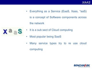 Everything as a Service (EaaS, Xaas, *aaS) is a concept of Software components across the network It is a sub sect of Cloud computing Most popular being SaaS Many service types try to re use cloud computing XAAS  