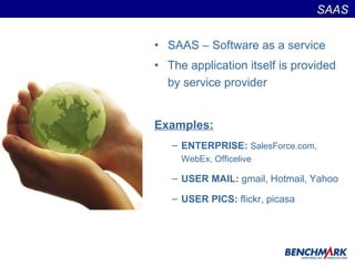 SAAS – Software as a service The application itself is provided by service provider Examples: ENTERPRISE:  SalesForce.com, WebEx, Officelive USER MAIL:  gmail, Hotmail, Yahoo USER PICS:  flickr, picasa SAAS  
