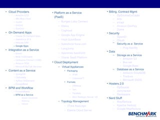 Cloud Providers Amazon EC2 IBM Blue Cloud Joyent GoGrid SunGrid On Demand Apps Oracle On Demand Apps Salesforce SFA Netsuite ERP Google Apps Integration as a Service Boomi Mule OnDemand OpSource Connect (OSB) Amazon SQS Microsoft BizTalk Services Content as a Service SpringCM Clickability Xythos OnDemand GoogleBase BPM and Workflow ProcessMaker BPM as a Service Appian Anywhere Skemma Intensil Platform as a Service  (PaaS) Bungee Labs Connect Etelos Coghead Google App Engine Intuit QuickBase Salesforce force.com LongJump Apprenda SaaSGrid Oracle SaaS Platform Cloud Deployment Virtual Appliances Packaging rPath CohesiveFT Formats VMWare Xen Parallels BEA Weblogic Server  VE Topology Management 3Tera AppLogic Elastra Cloud Server Billing, Contract Mgmt OpSource/LeCayla Aria eVapt Amazon DevPay Zuora Security OpenID OAuth Security as a   Service Ping Identity Data Storage as a Service Amazon S3 Box.net Google Base Database as a Service Amazon SimpleDB Trackvia Microsoft SSDS Hosters 2.0 OpSource Jamcracker Rackspace Nerd Stuff MapReduce Apache Hadoop Google MapReduce 