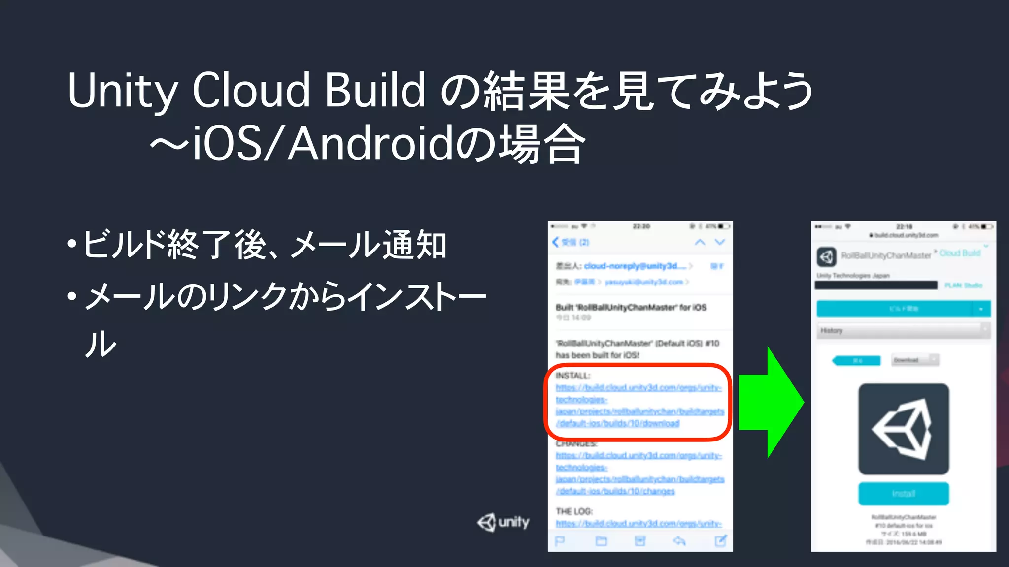 Unity Cloud Build の結果を見てみよう
������〜iOS/Androidの場合
• ビルド終了後、メール通知
• メールのリンクからインストー
ル
 