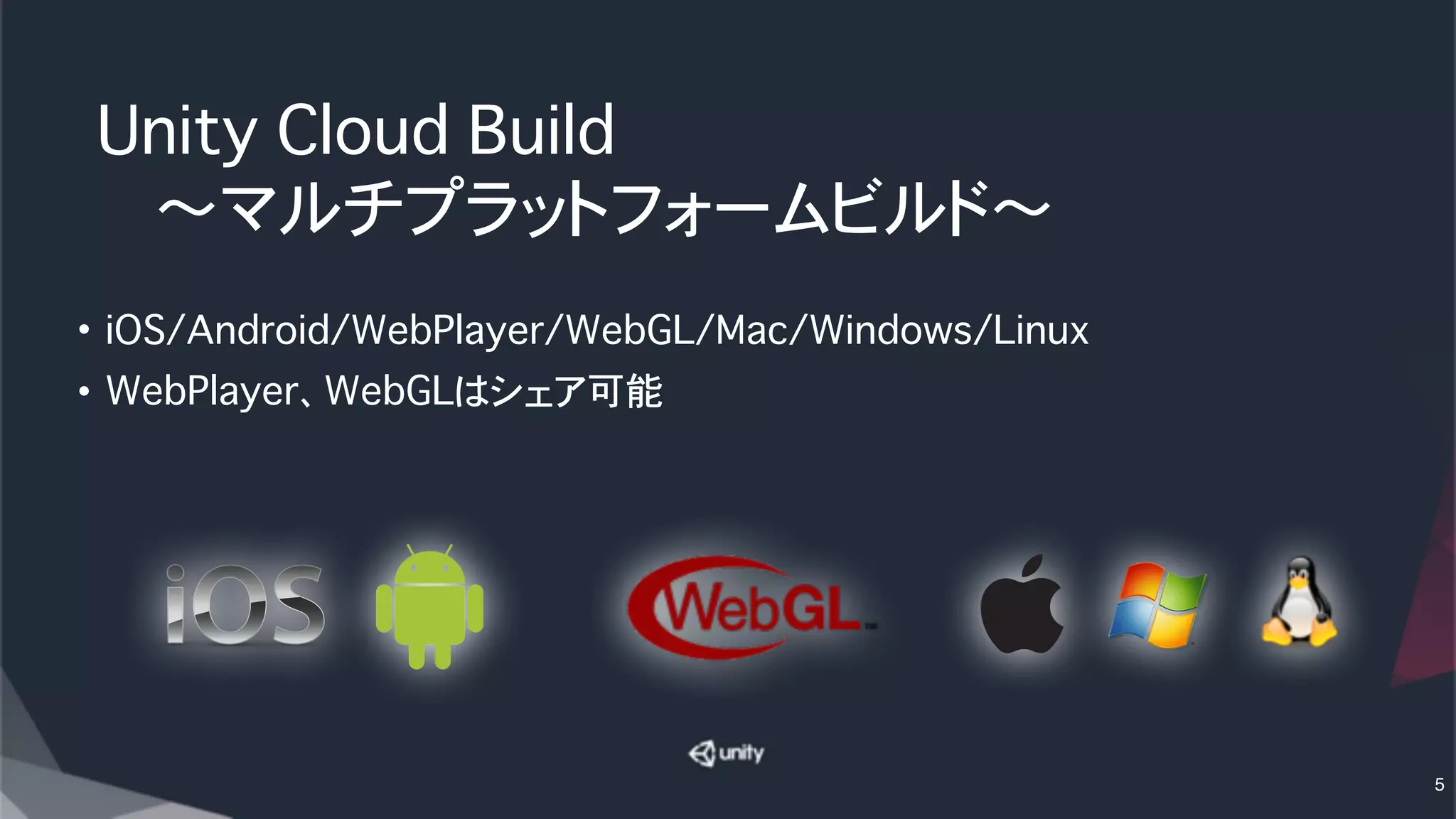 Unity Cloud Build
���〜マルチプラットフォームビルド〜
• iOS/Android/WebPlayer/WebGL/Mac/Windows/Linux
• WebPlayer、WebGLはシェア可能
5
 