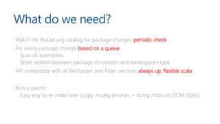 What do we need?
Watch the NuGet.org catalog for package changes periodic check
For every package change based on a queue
...