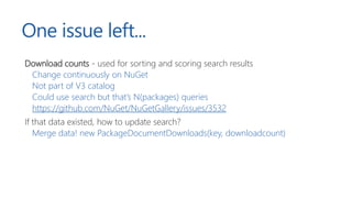 One issue left...
Download counts - used for sorting and scoring search results
Change continuously on NuGet
Not part of V...