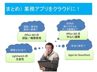 まとめ） 業務アプリをクラウドに！
認証／認可を
個別に管理？
社内の
他システムと
データ連携は？
開発コストは？
本当に安全？
Office 365 の
認証／権限管理
Office 365 を
中心に連携
LightSwitch の
生産性
Apps for SharePoint
 