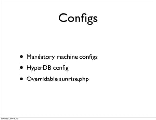Conﬁgs

                       • Mandatory machine conﬁgs
                       • HyperDB conﬁg
                       • Overridable sunrise.php


Saturday, June 9, 12
 
