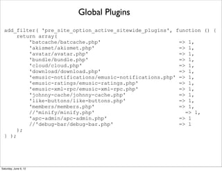 Global Plugins
  add_filter( 'pre_site_option_active_sitewide_plugins', function () {
       return array(
           'batcache/batcache.php'                         => 1,
           'akismet/akismet.php'                           => 1,
           'avatar/avatar.php'                             => 1,
           'bundle/bundle.php'                             => 1,
           'cloud/cloud.php'                               => 1,
           'download/download.php'                         => 1,
           'emusic-notifications/emusic-notifications.php' => 1,
           'emusic-ratings/emusic-ratings.php'             => 1,
           'emusic-xml-rpc/emusic-xml-rpc.php'             => 1,
           'johnny-cache/johnny-cache.php'                 => 1,
           'like-buttons/like-buttons.php'                 => 1,
           'members/members.php'                           => 1,
           //'minify/minify.php'                             => 1,
           'apc-admin/apc-admin.php'                       => 1
           //'debug-bar/debug-bar.php'                     => 1
       );
  } );




Saturday, June 9, 12
 