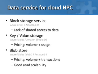 Data service for cloud HPC

• Block storage service
  Azure drive / Amazon EBS
  – Lack of shared access to data
• Key / Value storage
  Azure Tables / Amazon Simple DB
  – Pricing: volume + usage
• Blob store
  Azure Tables (blobs) / Amazon S3
  – Pricing: volume + transactions
  – Good read scalability
 