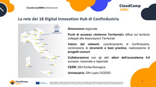 La rete dei 18 Digital Innovation Hub di Confindustria
CloudCamp4SMEs Introduzione
Dimensione regionale
Punti di accesso «Antenne Territoriali» diffusi sul territorio
collegati alle Associazioni Territoriali
Valore del network: coordinamento di Confindustria,
condivisione di strumenti e best practice, realizzazione di
progetti comuni
Collaborazione con gli altri attori dell’ecosistema 4.0
europeo, nazionale e regionale
CERR: DIH Emilia-Romagna
Unindustria: DIH Lazio CICERO
9
 