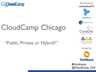 Sponsored by
Hosted by
CloudCamp Chicago	

!
!
“Public, Private or Hybrid?”
#cloudcamp	

@CloudCamp_CHI
 