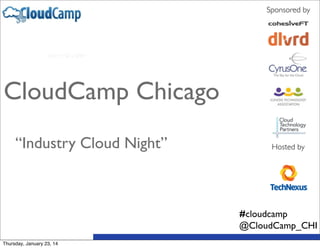 Sponsored by

CloudCamp Chicago
“Industry Cloud Night”

Hosted by

#cloudcamp
@CloudCamp_CHI
Thursday, January 23, 14

 