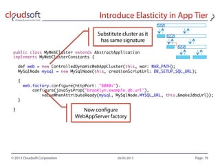 public class MyWebCluster extends AbstractApplication
implements MyWebClusterConstants {

    def web = new ControlledDynamicWebAppCluster(this, war: WAR_PATH);
    MySqlNode mysql = new MySqlNode(this, creationScriptUrl: DB_SETUP_SQL_URL);

    {
        web.factory.configure(httpPort: "8080+").
          configure(javaSysProp("brooklyn.example.db.url"),
            valueWhenAttributeReady(mysql, MySqlNode.MYSQL_URL, this.&makeJdbcUrl));
    }

}
 