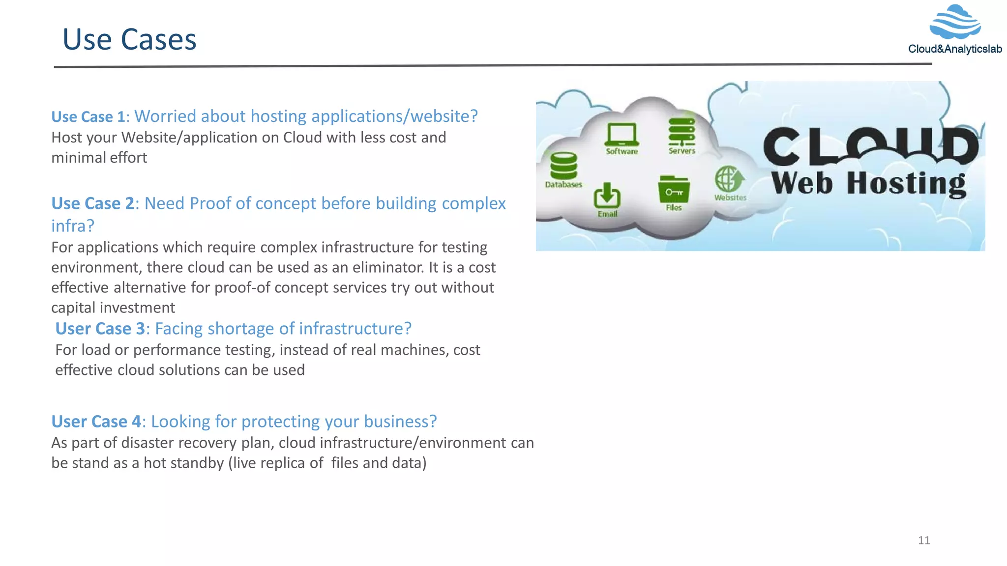 Use Cases
11
Use Case 1: Worried about hosting applications/website?
Host your Website/application on Cloud with less cost and
minimal effort
Use Case 2: Need Proof of concept before building complex
infra?
For applications which require complex infrastructure for testing
environment, there cloud can be used as an eliminator. It is a cost
effective alternative for proof-of concept services try out without
capital investment
User Case 3: Facing shortage of infrastructure?
For load or performance testing, instead of real machines, cost
effective cloud solutions can be used
User Case 4: Looking for protecting your business?
As part of disaster recovery plan, cloud infrastructure/environment can
be stand as a hot standby (live replica of files and data)
 