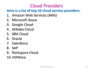 Cloud Providers
Here is a list of top 10 cloud service providers:
1. Amazon Web Services (AWS)
2. Microsoft Azure
3. Googl...
