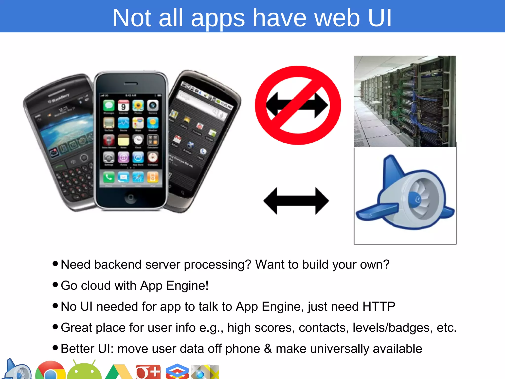 Not all apps have web UI

• Need backend server processing? Want to build your own?
• Go cloud with App Engine!
• No UI needed for app to talk to App Engine, just need HTTP
• Great place for user info e.g., high scores, contacts, levels/badges, etc.
• Better UI: move user data off phone & make universally available
https://developers.google.com/groups

 