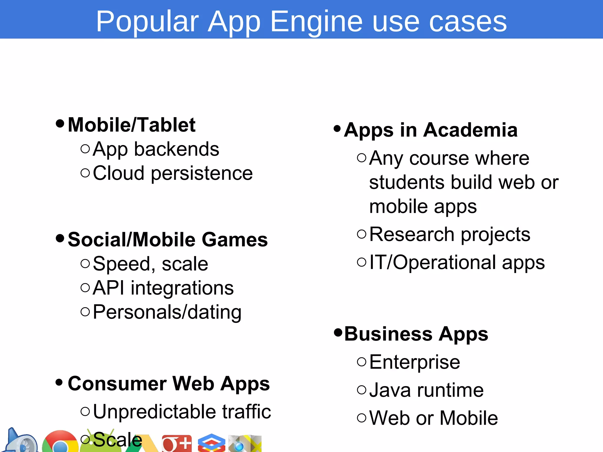 Popular App Engine use cases

• Mobile/Tablet

o App backends
o Cloud persistence

• Social/Mobile Games
o Speed, scale
o API integrations
o Personals/dating

• Consumer Web Apps
o Unpredictable traffic
o Scale

• Apps in Academia
o Any course where
students build web or
mobile apps
o Research projects
o IT/Operational apps

•Business Apps

o Enterprise
o Java runtime
o Web or Mobile
https://developers.google.com/groups

 