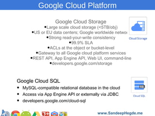 Google Cloud Platform
Google Cloud Storage

•Large scale cloud storage (<5TB/obj)
•US or EU data centers; Google worldwide...