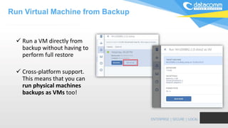  Run a VM directly from
backup without having to
perform full restore
 Cross-platform support.
This means that you can
run physical machines
backups as VMs too!
Run Virtual Machine from Backup
 