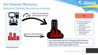 17
Local Datacenter
Real-time data replication
• Real-time monitoring
• Web-based interface
Local Datacenter with Tier III Design, KVM & Vmware
hypervisors, Multiple OS supported (Microsoft, Linux,
Custom OS), 24x7 Support (NOC & SOC),
HOT
 Multi-site datacenter
 Real-time data
replication
 Up to zero data loss
guaranteed
 Immediately recovery
Datacomm cloud
environment
Datacomm Disaster Recovery as a Service
Hot Disaster Recovery
 