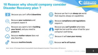 Because you can’t afford downtime
Because your customers and
prospects expect it
Because you spent a lot in building
your brand, and you need to
protect it
Because mother nature does not
play favorites
Because machine breaks
Because we live in an always on world
that requires always on capabilities
Because compliance and regulations
require it
Because you can’t predict what data
might be lost and the value it had for your
company’s well being
Because it will save your money
Because we’re all human
Source : Gartner, CA Technologies, Business Computing World, Enterprise Management Association, IT Process Institute, 1&1 Internet, Inc.,
10 Reason why should company consider
Disaster Recovery plan ?
5
 
