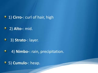1) Cirro-: curl of hair, high 
2) Alto-: mid. 
3) Strato-: layer. 
4) Nimbo-: rain, precipitation. 
5) Cumulo-: heap. 
 
