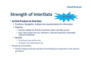 iCloud Browser



Strength of InterData                                          I am owner!

As End Product to End User
   Functions: Navigation, Analysis and representations for information
   Features：
       General, suitable for all kinds of business system and data sources
       Easy: easy to learn and use; Interactive: improved experience; Personality:
       improved satisfaction
   Benefits
       To end user, easy and low cost
       To partner, low maintenance cost
Weakness of InterData
   Small Company and short product line(looking for cooperation with solution
   providers)
 