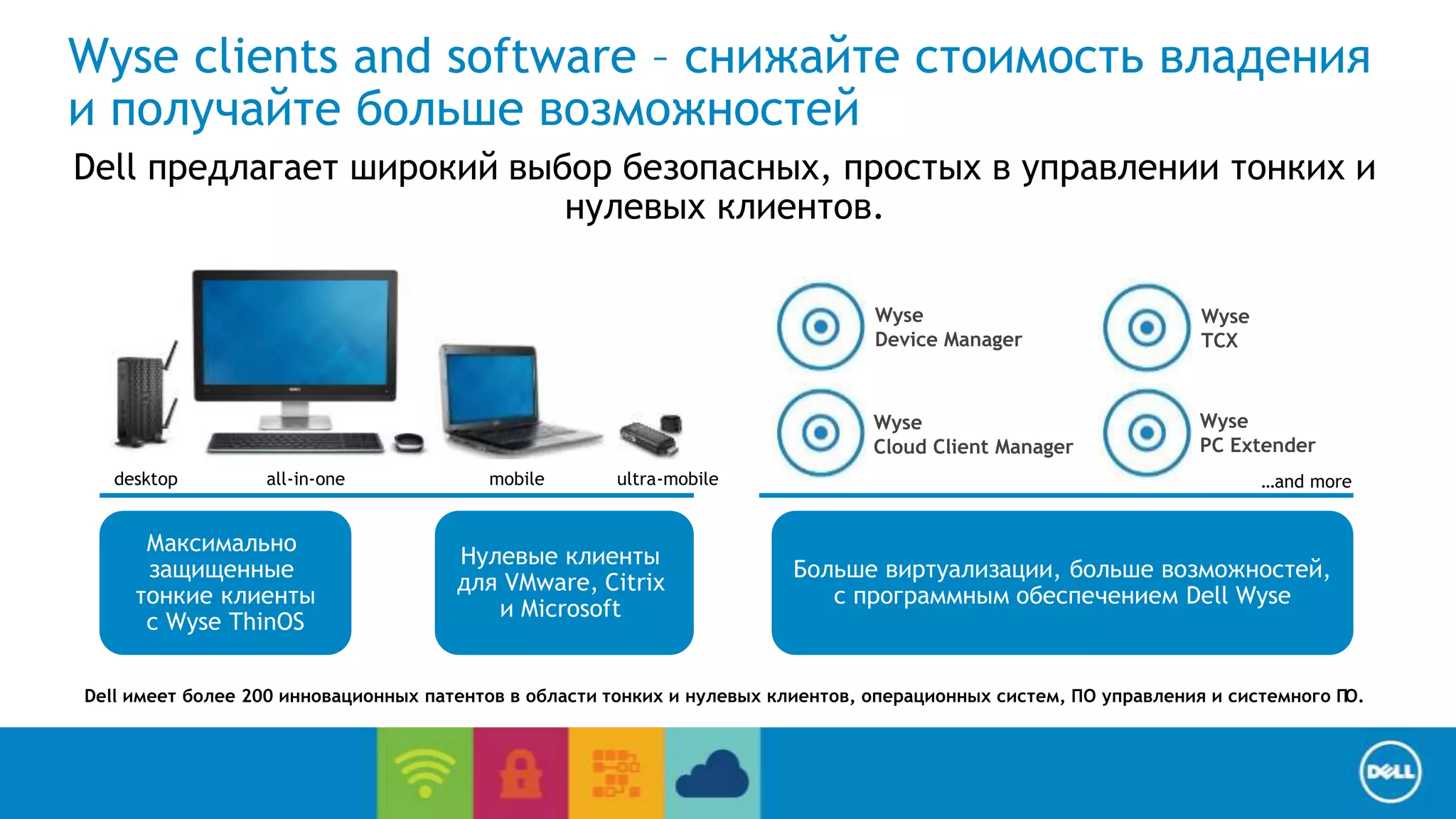 Wyse clients and software – снижайте стоимость владения 
и получайте больше возможностей 
Dell предлагает широкий выбор безопасных, простых в управлении тонких и 
Wyse 
TCX 
End User Computing / Cloud client-computing 
нулевых клиентов. 
Wyse 
Device Manager 
Больше виртуализации, больше возможностей, 
c программным обеспечением Dell Wyse 
Максимально 
защищенные 
тонкие клиенты 
с Wyse ThinOS 
Нулевые клиенты 
для VMware, Citrix 
и Microsoft 
Wyse 
Cloud Client Manager 
Wyse 
PC Extender 
desktop all-in-one mobile ultra-mobile …and more 
Dell имеет более 200 инновационных патентов в области тонких и нулевых клиентов, операционных систем, ПО управления и системного ПО. 
 
