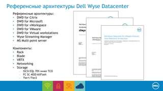 Референсные архитектуры Dell Wyse Datacenter 
End User Computing / Cloud client-computing 
Референсные архитектуры: 
• DWD for Citrix 
• DWD for Microsoft 
• DWD for vWorkspace 
• DWD for VMware 
• DWD for Virtual workstations 
• Wyse Streaming Manager 
• MS Multi point server 
Компоненты: 
• Rack 
• Blade 
• VRTX 
• Networking 
• Storage 
– ISCSI EQL 70% ниже TCO 
– FC SC 4020 AllFlash 
– Tier1/Tier2 
 
