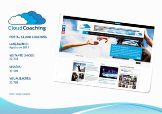 PORTAL CLOUD COACHING
LANÇAMENTO:
Agosto de 2013
VISITANTE ÚNICOS:
22.743
SESSÕES:
37.509
VISUALIZAÇÕES:
53.708
Fonte: Google Analytics
 