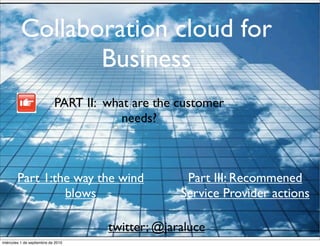 Collaboration cloud for
                 Business
                            PART II: what are the customer
                                        needs?



        Part 1:the way the wind                    Part III: Recommened
                 blows                            Service Provider actions

                                     twitter; @jaraluce
miércoles 1 de septiembre de 2010
 
