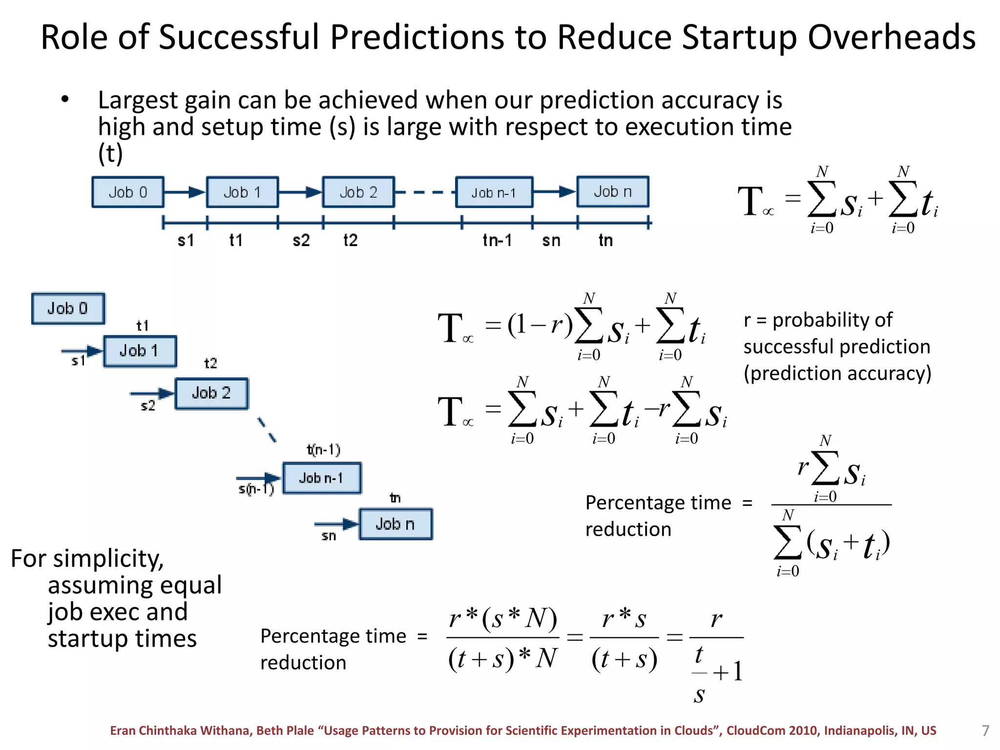Role of Successful Predictions to Reduce Startup OverheadsLargest gain can be achieved when our prediction accuracy is high and setup time (s) is large with respect to execution time (t)r = probability of successful prediction (prediction accuracy)Percentage time  =reductionFor simplicity, assuming equal job exec and startup times Percentage time  =reduction7