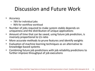 Discussion and Future WorkAccuracy 78% for individual jobs96% for workflow workloadNumber of jobs required to make system stable depends on uniqueness and the distribution of unique applicationsAmount of time that can be saved, using future job prediction, is inversely proportional to t/s ratioMore accurate methods to prune features and identify weightsEvaluation of machine learning techniques as an alternative to knowledge-based systemsCombining future job predictions with job reliability predictions to further improve throughput of job executions16