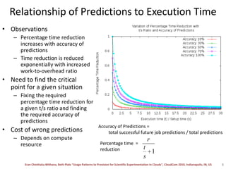 Relationship of Predictions to Execution TimeObservationsPercentage time reduction increases with accuracy of predictionsTime reduction is reduced exponentially with increased work-to-overhead ratioNeed to find the criticalpoint for a given situationFixing the required percentage time reduction for a given t/s ratio and finding the required accuracy of predictionsCost of wrong predictionsDepends on compute resourcePercentage time  =reduction8Accuracy of Predictions =          total successful future job predictions / total predictions