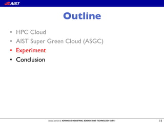 Outline
•  HPC Cloud
•  AIST Super Green Cloud (ASGC)
•  Experiment
•  Conclusion
11
 