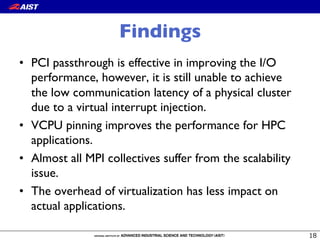 Findings
•  PCI passthrough is effective in improving the I/O
performance, however, it is still unable to achieve
the low communication latency of a physical cluster
due to a virtual interrupt injection.
•  VCPU pinning improves the performance for HPC
applications.
•  Almost all MPI collectives suffer from the scalability
issue.
•  The overhead of virtualization has less impact on
actual applications.
  
 