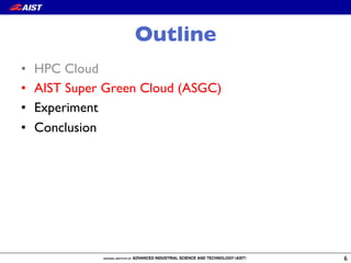 Outline
•  HPC Cloud
•  AIST Super Green Cloud (ASGC)
•  Experiment
•  Conclusion
6
 