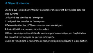6.Objectif attendu
Une fois que le Cloud est introduit des amélioration seront distinguées dans les
axes suivants :
1.Sécurité des données de l’entreprise
2.Intégrité des données de l’entreprise
3.Externalisation des différentes ressources numériques
4.Accès illimité aux ressources universelles
5.Réduction des problèmes liés à la mauvaise gestion archaïque par l’exploitation
des nouvelles technologies de gestion intelligente
6.Gain de temps dans la recherche au l’achat de logiciels adéquats à la production.

23

 