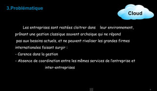 3.Problématique

Cloud

Les entreprises sont restées cloitrer dans

leur environnement,

prônant une gestion classique souvent archaïque qui ne répond
pas aux besoins actuels, et ne peuvent rivaliser les grandes firmes
internationales faisant surgir :
- Carence dans la gestion
- Absence de coordination entre les mêmes services de l’entreprise et
inter-entreprises

6

 