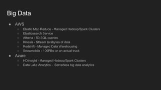 Big Data
● AWS
○ Elastic Map Reduce - Managed Hadoop/Spark Clusters
○ Elasticsearch Service
○ Athena - S3 SQL queries
○ Ki...
