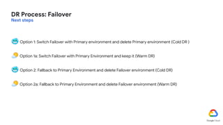 🥶 Option 1: Switch Failover with Primary environment and delete Primary environment (Cold DR )
🌤Option 1a: Switch Failover with Primary Environment and keep it (Warm DR)
🥶 Option 2: Fallback to Primary Environment and delete Failover environment (Cold DR)
🌤Option 2a: Fallback to Primary Environment and delete Failover environment (Warm DR)
DR Process: Failover
Next steps
 