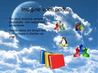 Imagine você poder. . . Ter seus arquivos sempre à disposição, com segurança e privacidade Trocar idéias em tempo real com colegas e clientes via chat 