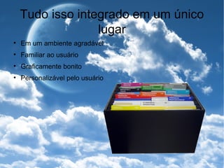 Tudo isso integrado em um único lugar Em um ambiente agradável Familiar ao usuário Graficamente bonito Personalizável pelo usuário 