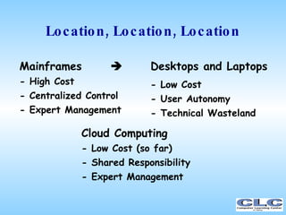 Location, Location, Location <ul><li>Mainframes   </li></ul><ul><li>- High Cost </li></ul><ul><li>- Centralized Control <...