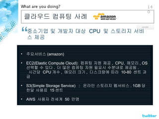 클라우드 컴퓨팅 사례  : 중소기업 및 개발자 대상  CPU  및 스토리지 서비스 제공 주요서비스 (amazon) EC2(Elastic Compute Cloud):  컴퓨팅 자원 제공 ,  CPU,  메모리 , OS  선택할 수 있다 .  더 많은 컴퓨팅 자원 필요시 수분내로 제공됨 . 시간당  CPU 개수 ,  메모리 크기 ,  디스크량에 따라  10-80  센트 과금 S3(Simple Storage Service)  :  온라인 스토리지 웹서비스 . 1GB 당 한달 사용료  15 센트 AWS  사용자 전세계  50  만명 