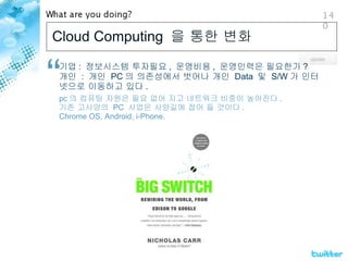Cloud Computing  을 통한 변화 기업 :  정보시스템 투자필요 ,  운영비용 ,  운영인력은 필요한가 ? 개인  :  개인  PC 의 의존성에서 벗어나 개인  Data  및  S/W 가 인터넷으로 이동하고 있다 . pc 의 컴퓨팅 자원은 필요 없어 지고 네트워크 비중이 높아진다 . 기존 고사양의  PC  사업은 사양길에 접어 들 것이다 . Chrome OS, Android, i-Phone. 