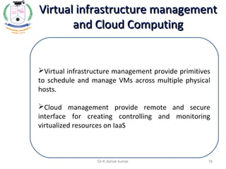 Virtual infrastructure management provide primitives
to schedule and manage VMs across multiple physical
hosts.
Cloud management provide remote and secure
interface for creating controlling and monitoring
virtualized resources on IaaS.
Virtual infrastructure managementVirtual infrastructure management
and Cloud Computingand Cloud Computing
16Dr.K.Ashok kumar
 