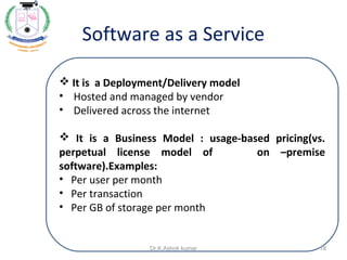 Software as a Service
 It is a Deployment/Delivery model
• Hosted and managed by vendor
• Delivered across the internet
 It is a Business Model : usage-based pricing(vs.
perpetual license model of on –premise
software).Examples:
• Per user per month
• Per transaction
• Per GB of storage per month
18Dr.K.Ashok kumar
 