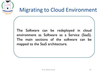 Migrating to Cloud Environment
The Software can be redeployed in cloud
environment as Software as a Service (SaaS).
The main sections of the software can be
mapped to the SaaS architecture.
25Dr.K.Ashok kumar
 